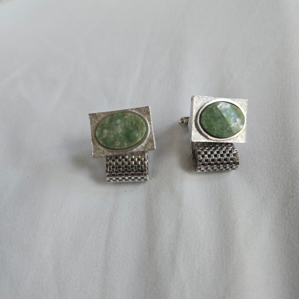 VTG Green Stone Mesh Cufflinks Wrap Unbranded OS Mens Green Silver Tone Textured
